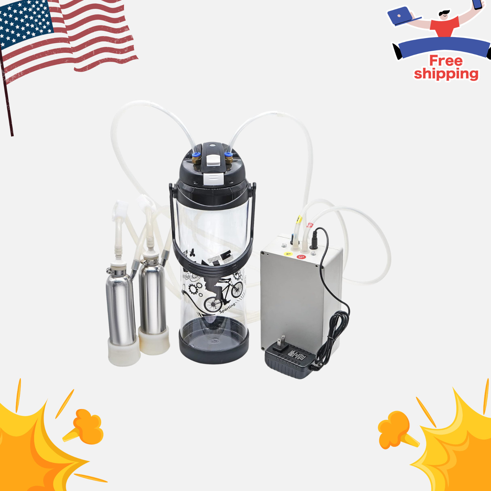 NEW Cow Milking Machine 3L Pulsation Vacuum Electric Pump 2 Teat Cups Portab