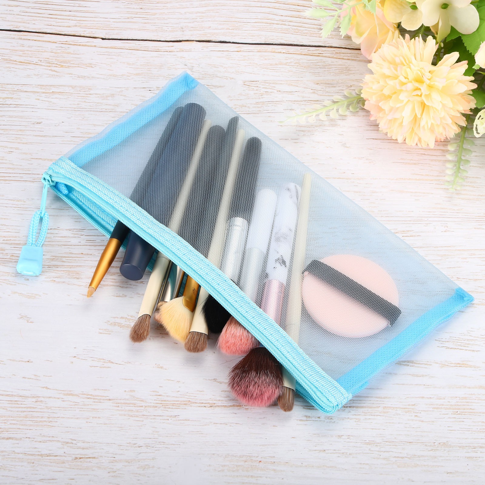 6Pcs Mesh Zipper Bags, B6 Travel Cases Nylon Makeup Pouches, Sky Blue