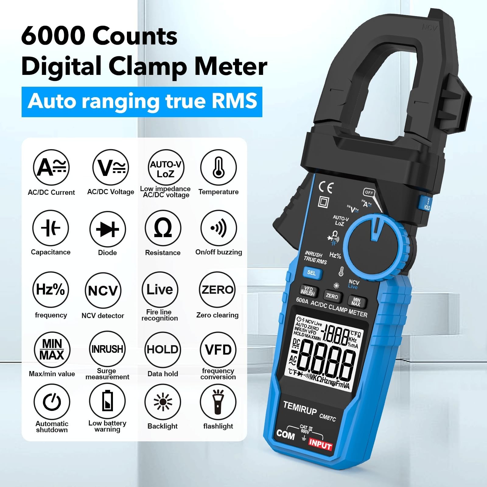 Digital Inrush Clamp Meter 600A Multimeter, True RMS, NCV AC/DC Voltage Current