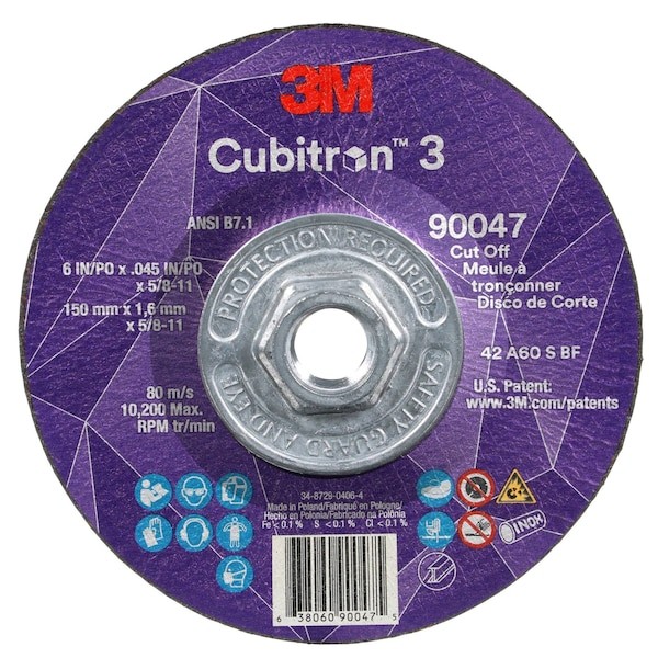 3M Cubitron 90048 Cut-Off Wheel, Type 27, 6 In Dia, 0.045 In Thick, 7/8 In