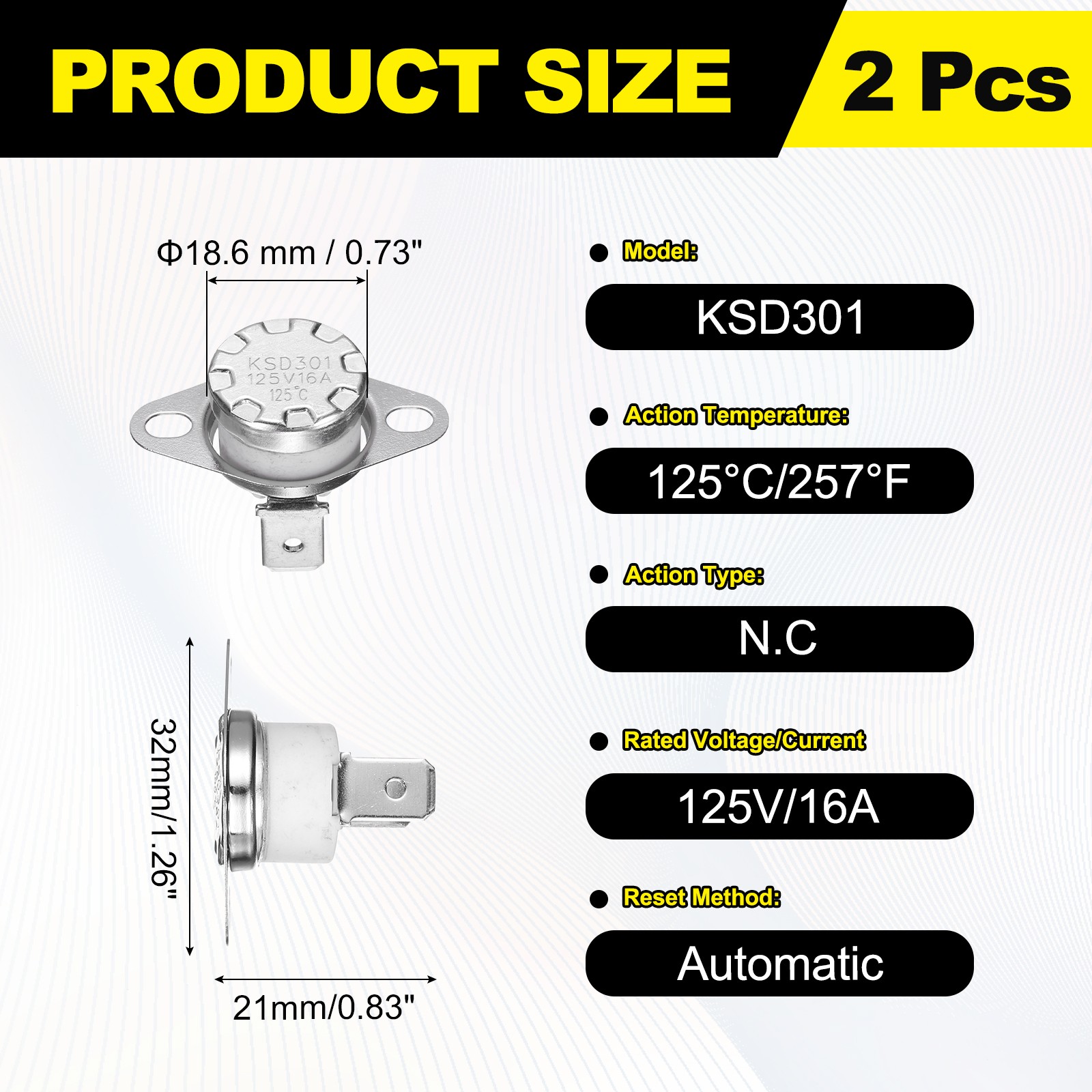 2Pcs KSD301 Thermostat 125°C/257°F 16A Normally Closed N.C Switch, Ceramic