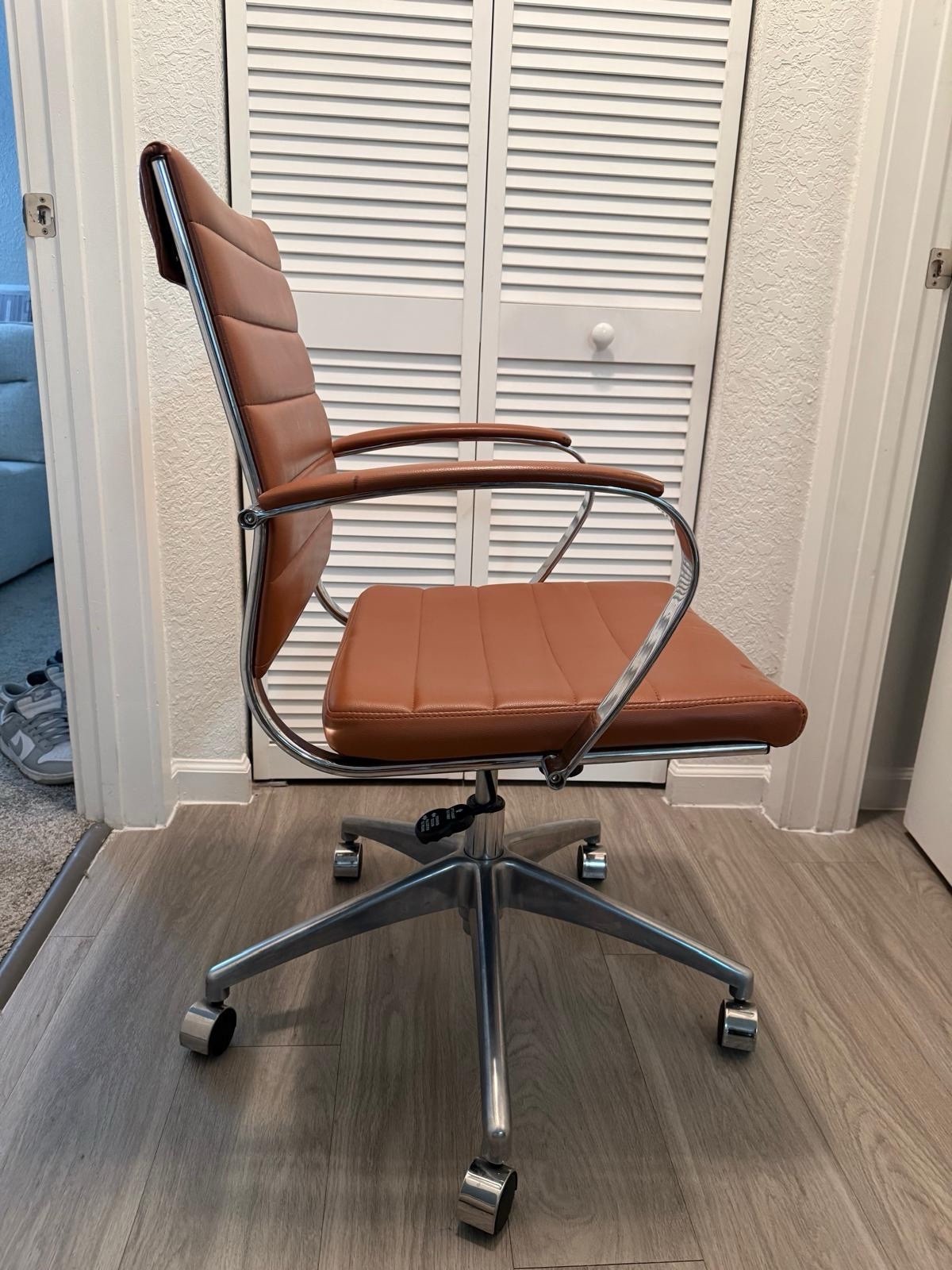 Brown Faux Leather Mid-Back Swivel Office Chair, Chrome Arms/Base, Casters