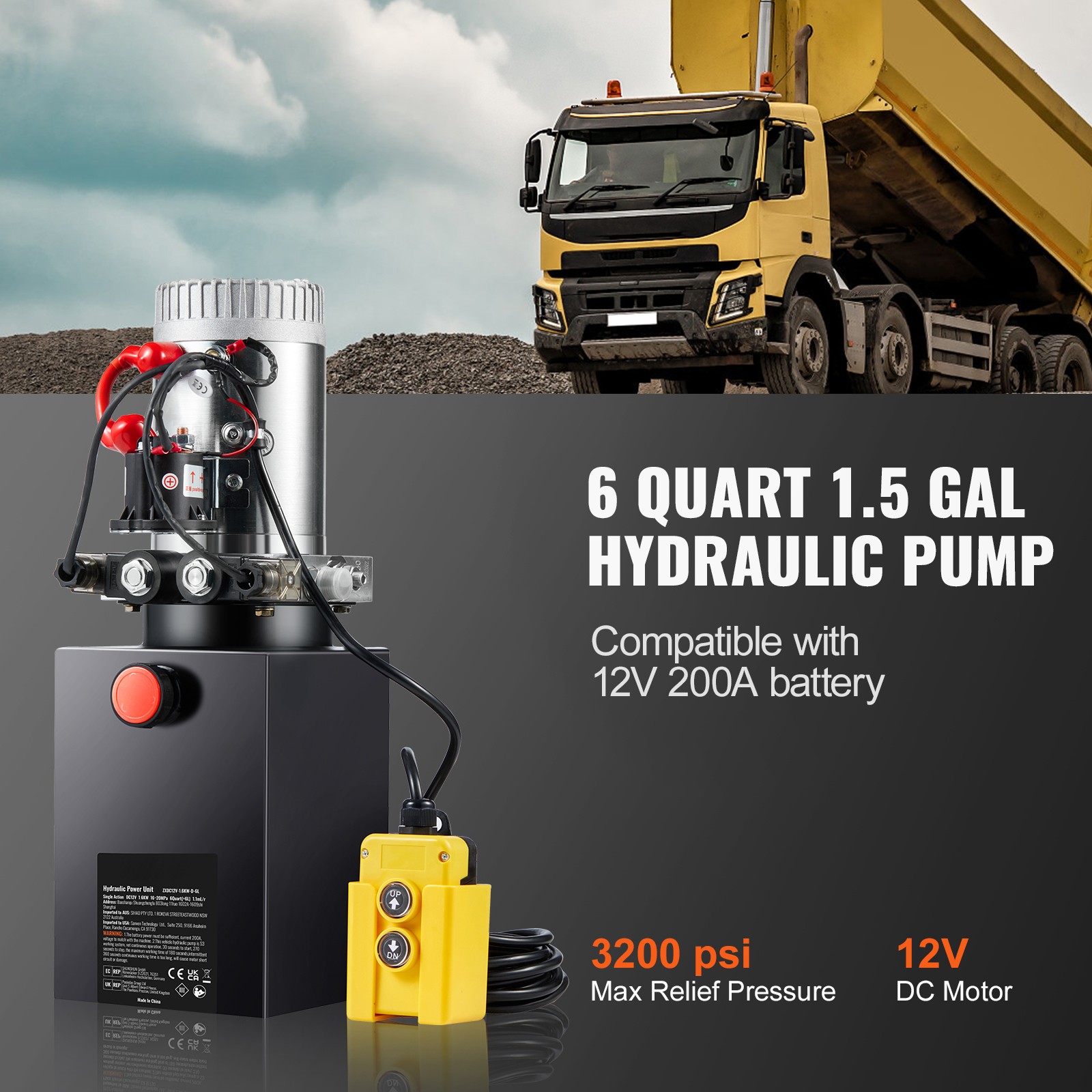 VEVOR Hydraulic Pump 6 Quart Double Acting Dump Trailer Pump Power Unit DC 12V