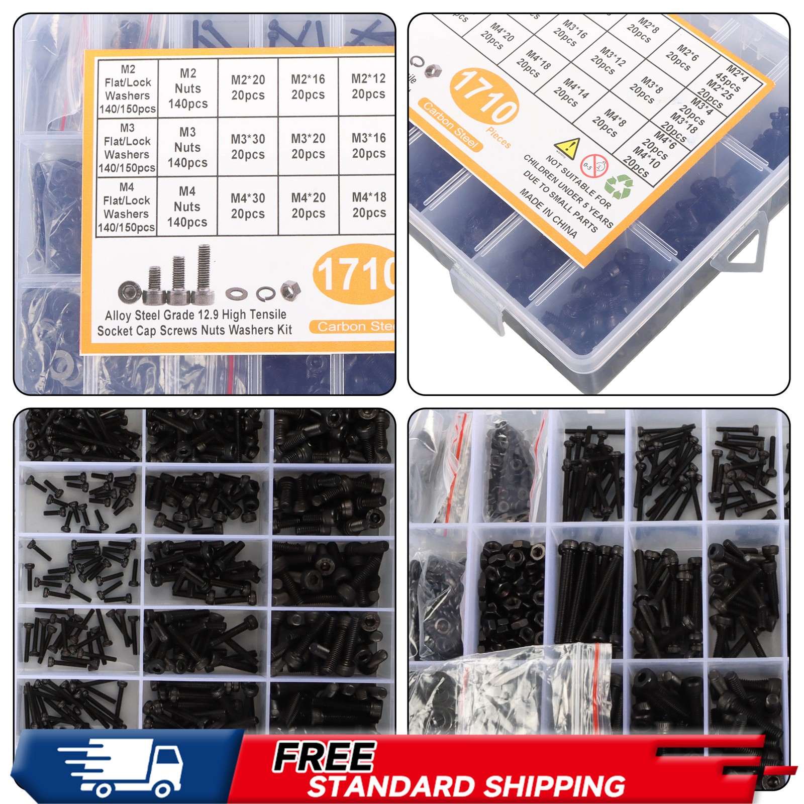 Grade12.9 Metric Bolt Assortment 1710pcs M2 M3 M4 M5 Zinc/Black Oxide 4-30mm