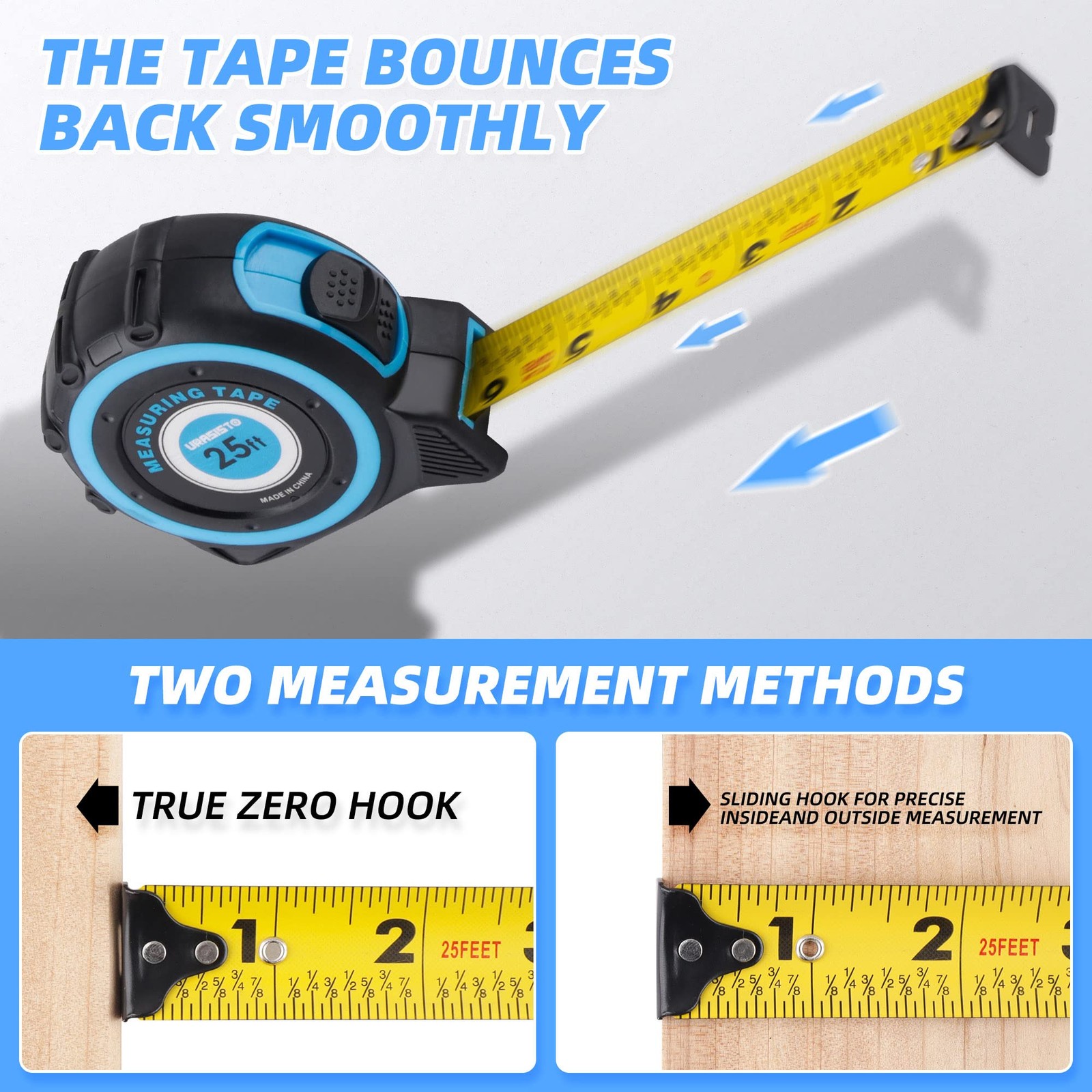 URASISTO Tape Measure 25FT with Fractions 1/8, Retractable 7.6 m, Black