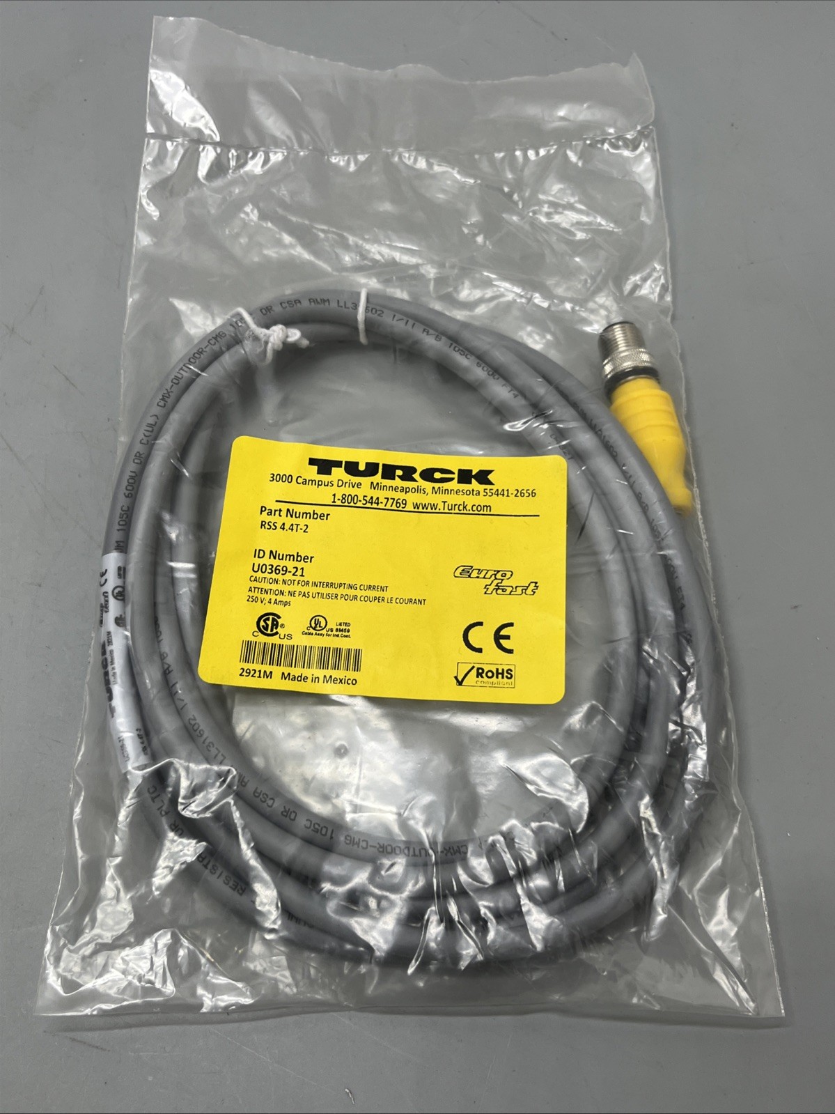 Turck Cable RSS 4.4T-2 U0369-21 Euro Fast 250V/4A RoHS Compliant