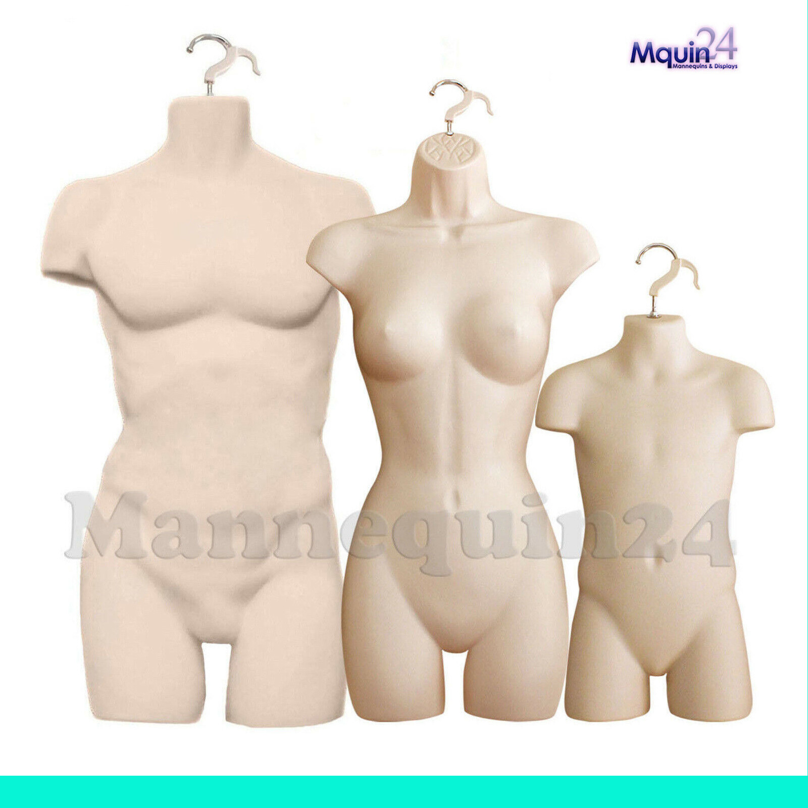 3 Mannequin Torsos – FLESH Muscle Male Female & Child Dress Form Set w/ 3Hangers