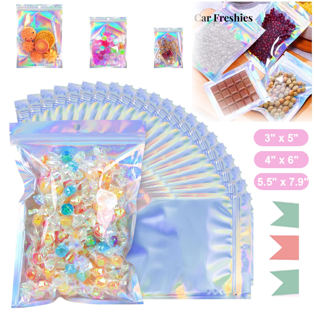 100-400 Smell Proof Mylar Bags Holographic Resealable Food Ziplock Foil Pouches