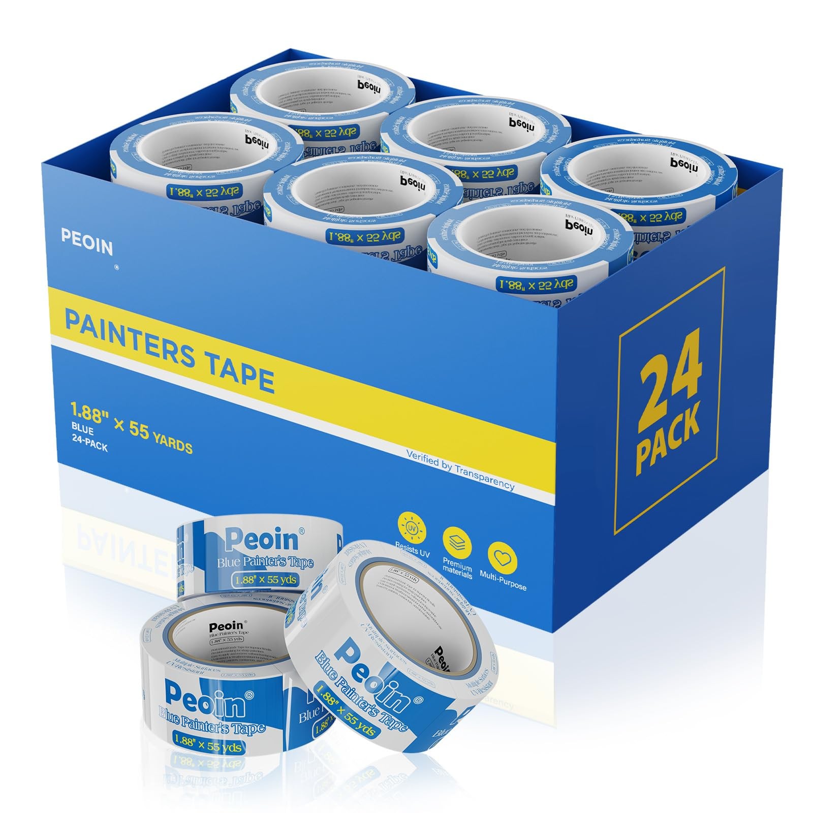 Blue Painters Tape Bulk 24 Rolls 1.88 Inch UV Resistant No Residue DIY Wall Pain