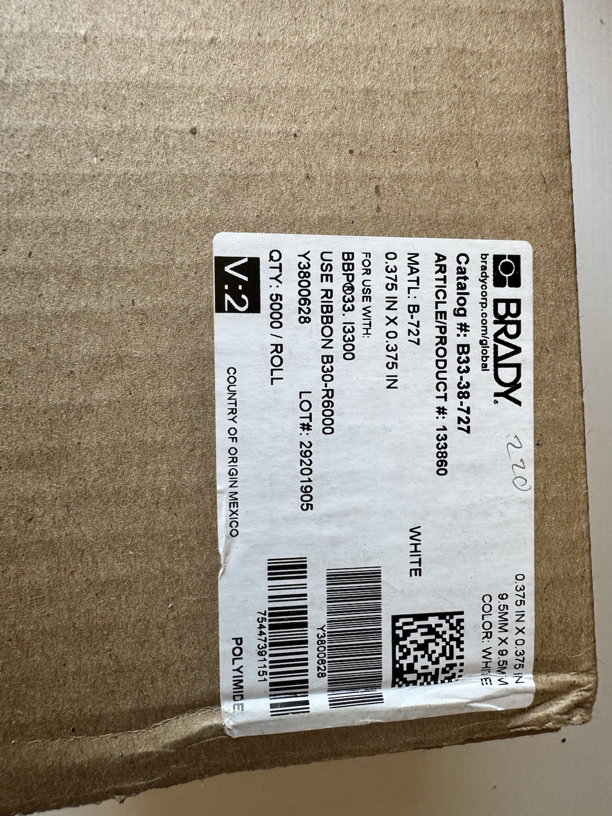 Brady B33-38-727 0.375INx0.375IN Label Open box 5000/roll