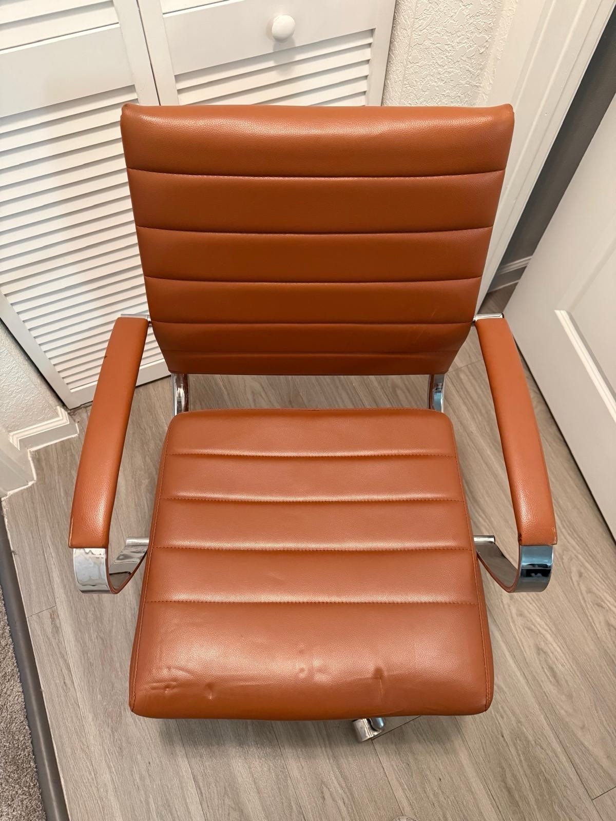 Brown Faux Leather Mid-Back Swivel Office Chair, Chrome Arms/Base, Casters
