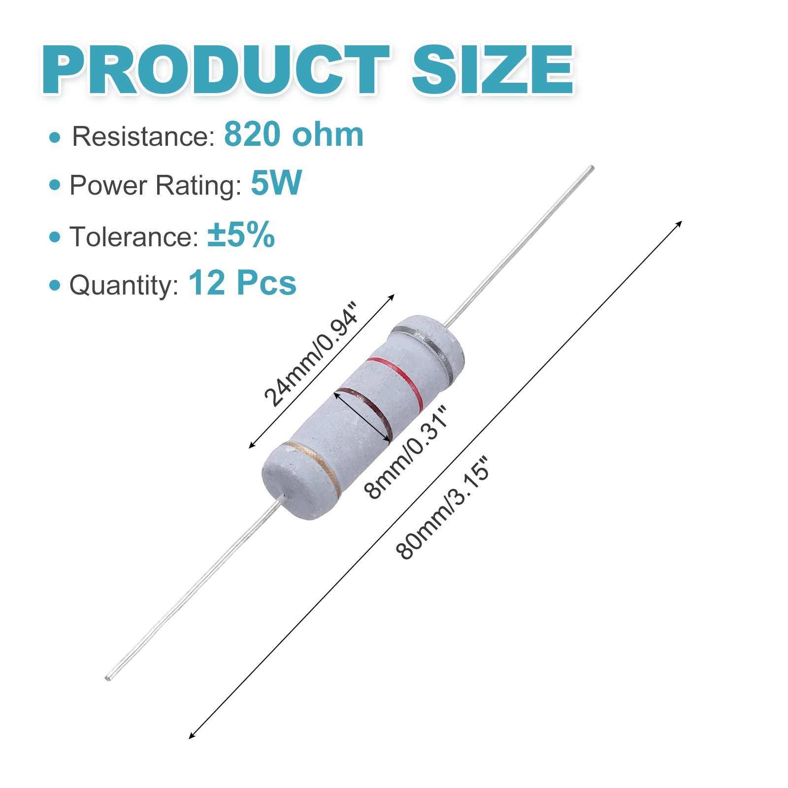 12Pcs 820 ohm Resistor 5W Metal Film Fixed Resistor for Breadboard