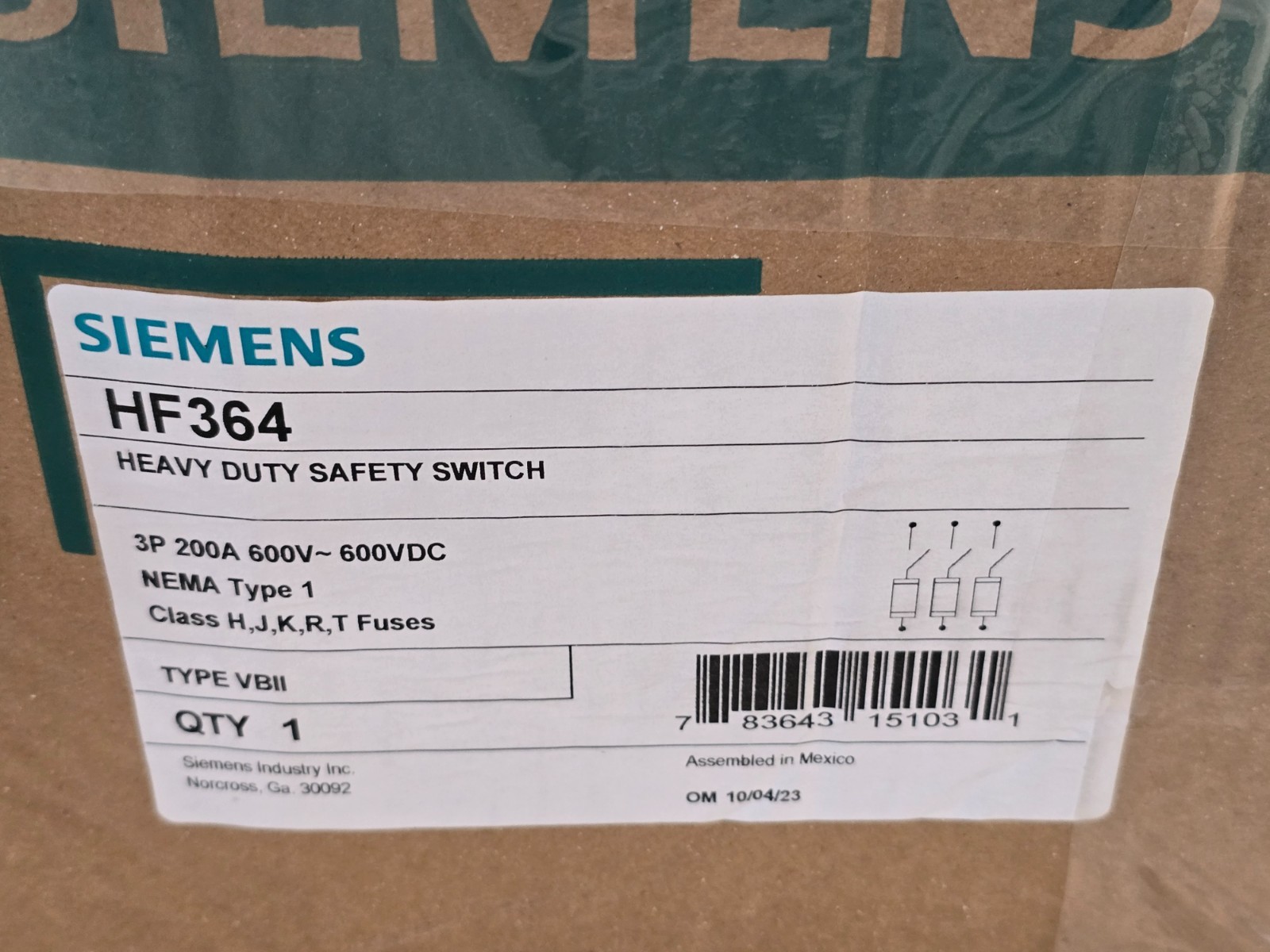 SIEMENS HF364, HEAVY DUTY SAFETY SWITCH ,3p/200A/600V, NEW IN BOX! MAKE OFFER!