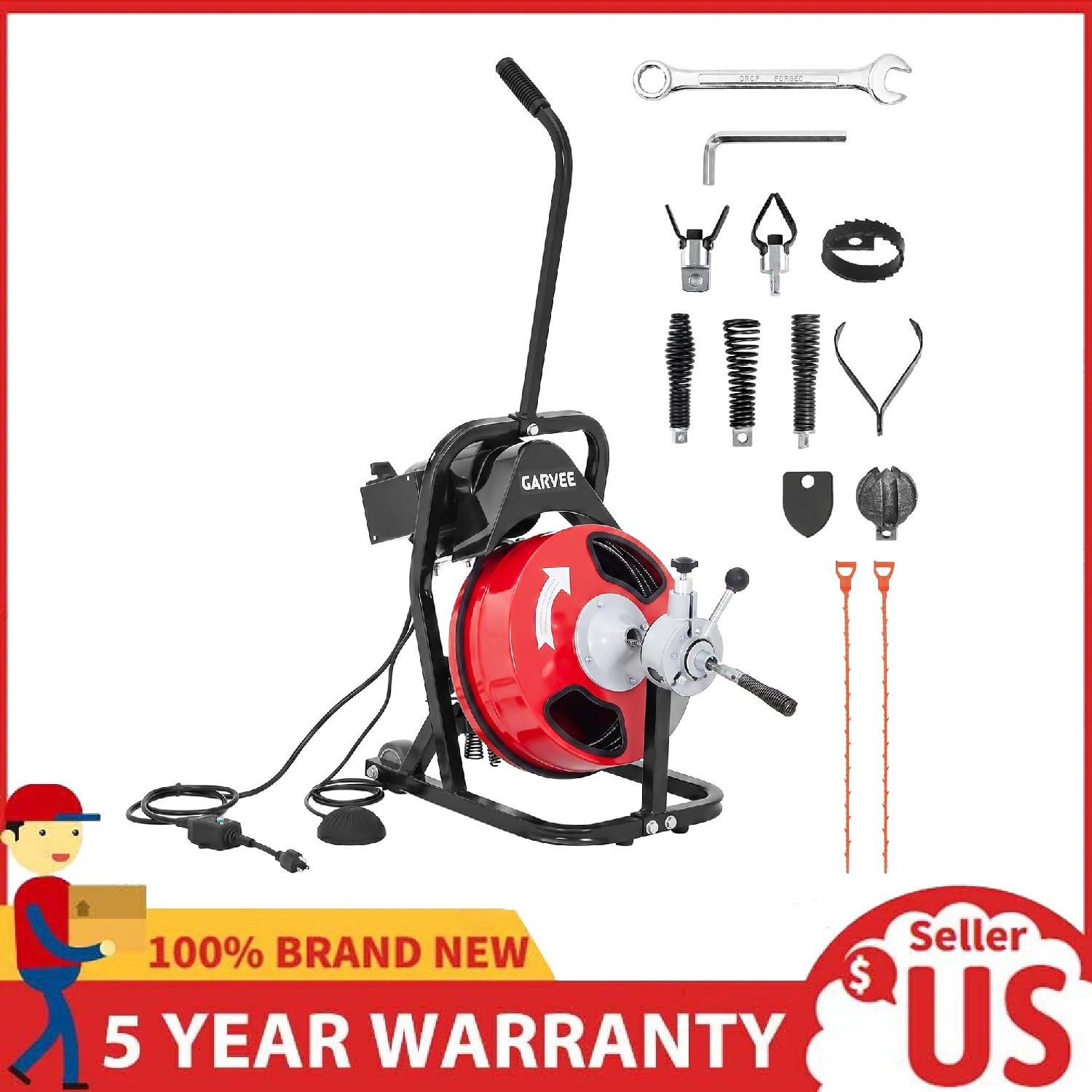 Drain Cleaner Machine 50FT x 3/8 Inch Portable Auto Feed Drain Auger Sewer Snake