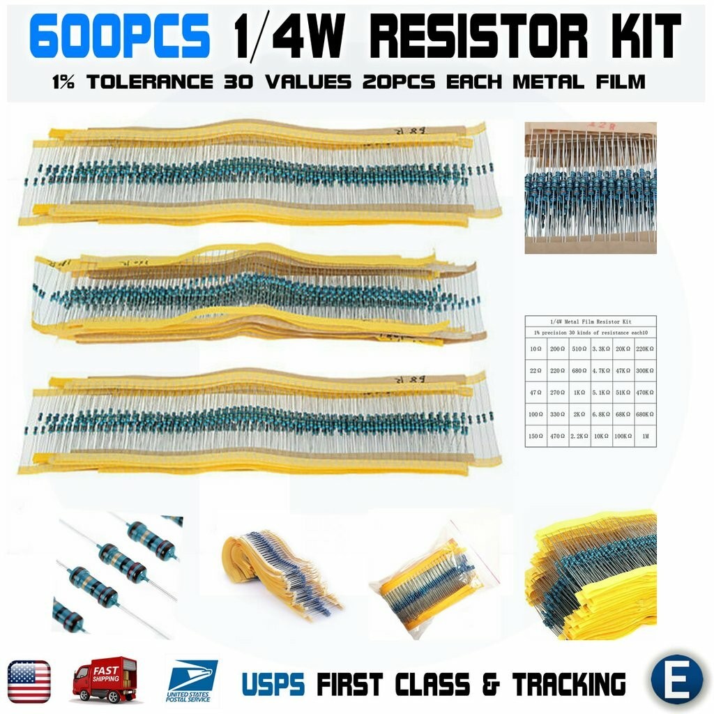 600pcs 30 Values 1/4W Metal Film Resistors Resistance Assortment Kit Set 1% USA