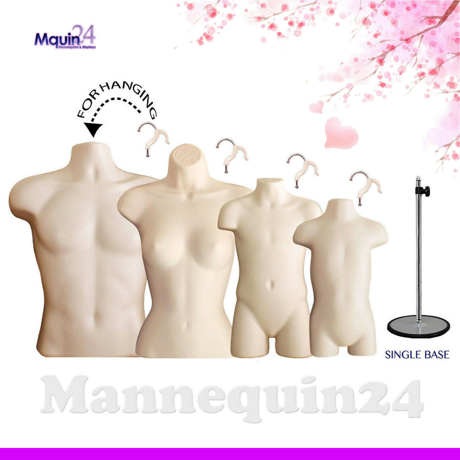 Set of Male Female Child Toddler Mannequin Torsos Flesh & 4 Hangers, 1 Stand