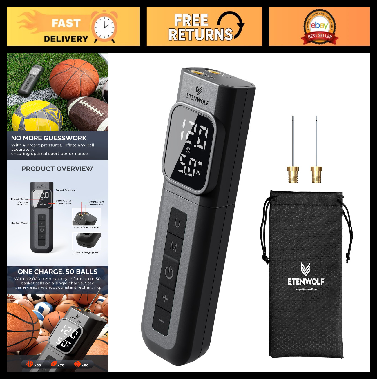 Electric Ball Pump 2000mAh with Digital Pressure Gauge, Fast Inflate/Deflate for