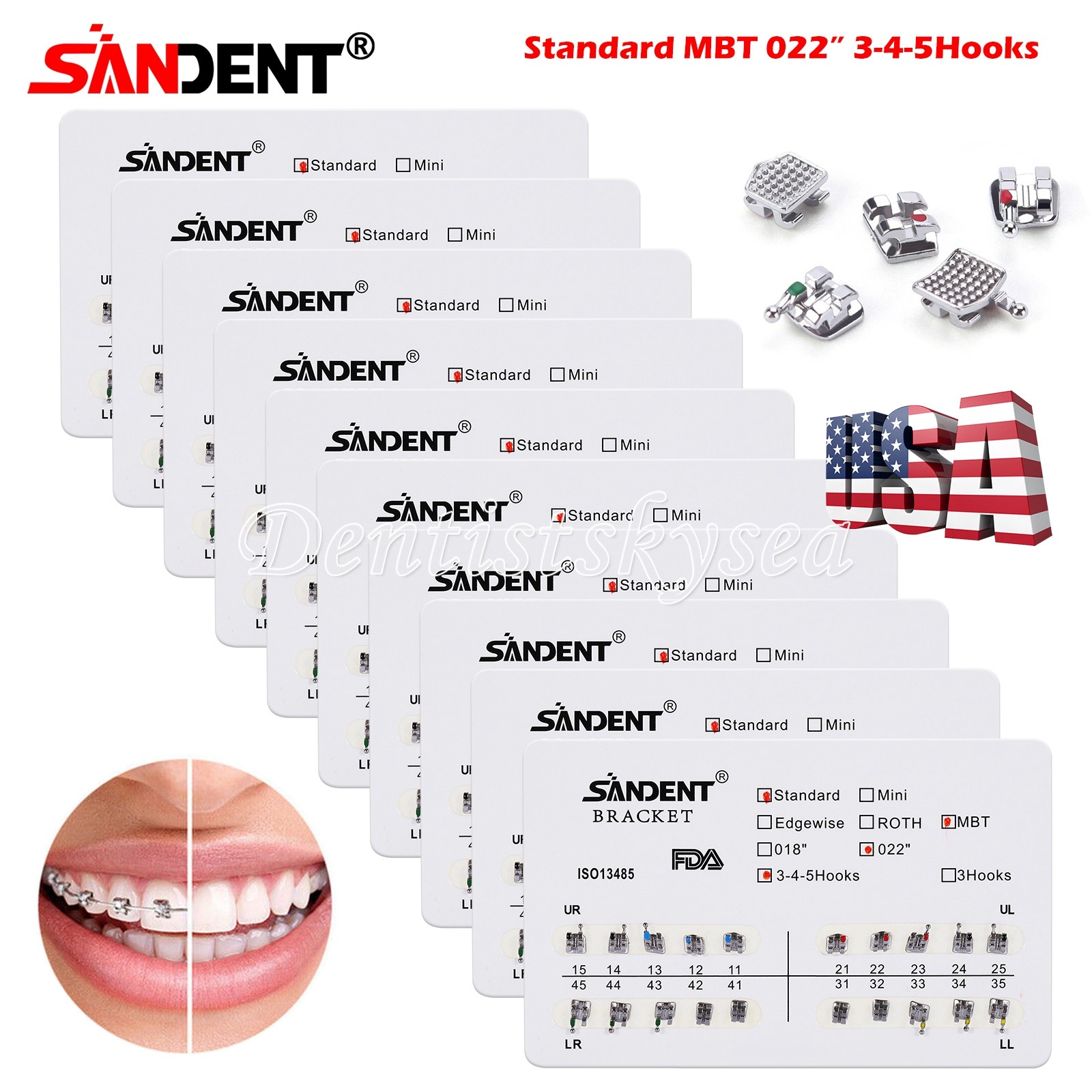 Orthodontic Brackets Metal Braces Standard MBT Roth 022 Hooks 3-4-5/3 USA ZX