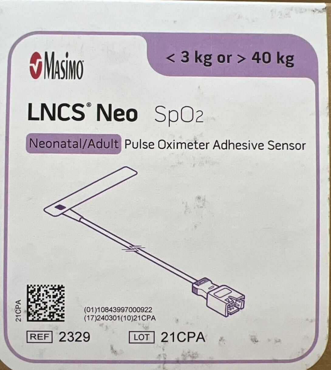Masimo LNCS Neo Adult/Neonatal SpO2 Sensors Ref# 2329 – Box of 20 Sealed