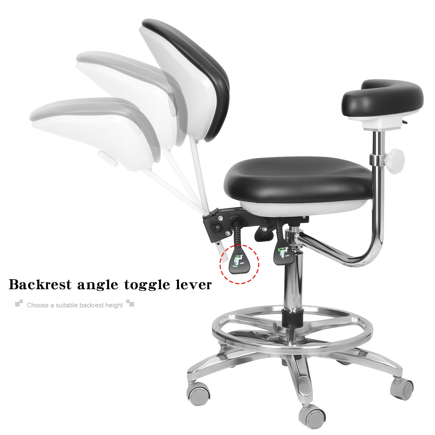 Adjustable Dental Chair Doctor Assistant Chair 360° Armrest Footrest PU Black US