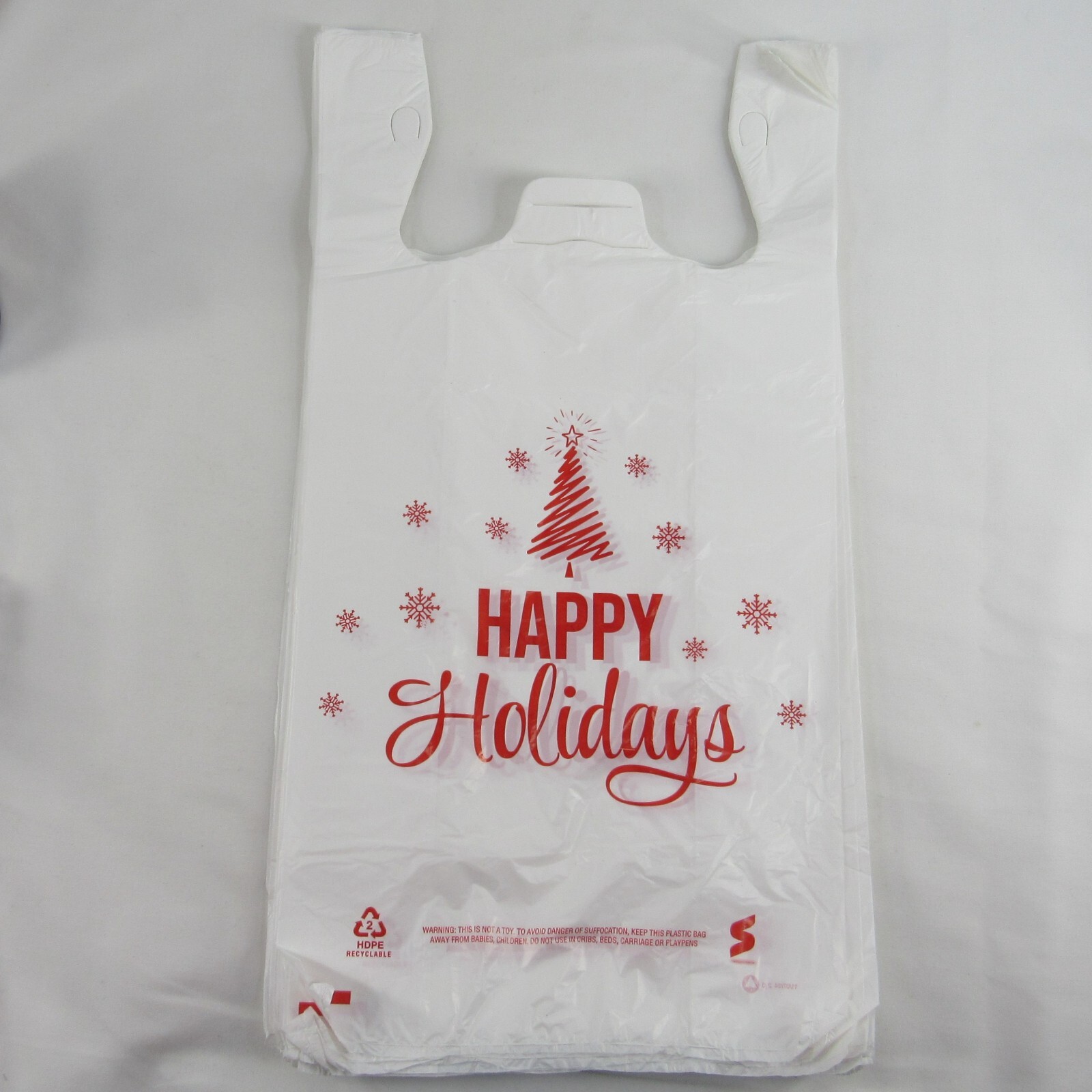50 Qty. Happy Holiday Holiday Tree 1/6 Plastic T-Shirt Bags Handles 11″x6″x21″
