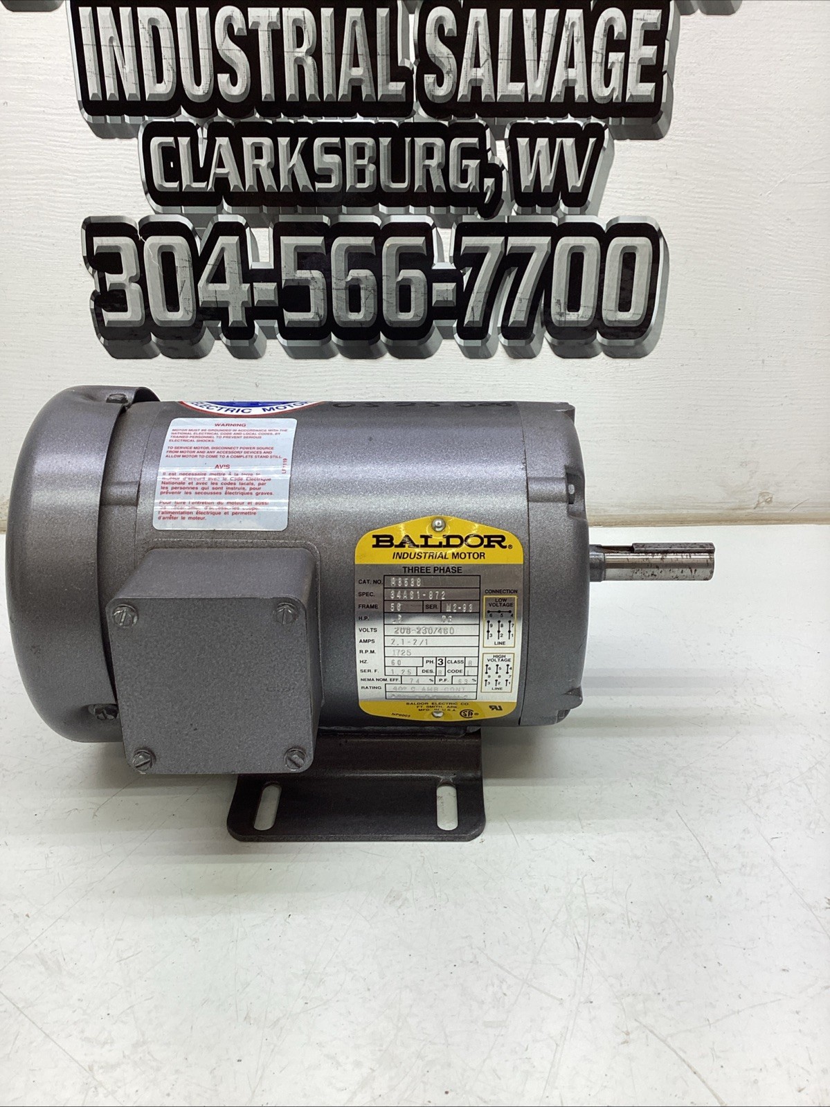 Baldor Industrial Motor M3538 0.5HP 208-230/460V FR. 56 1725RPM NEW
