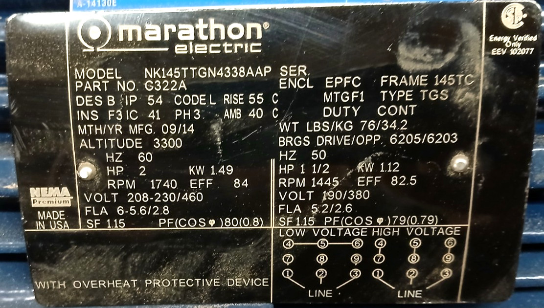 MARATHON ELECTRIC EXPLOSION PROOF MOTOR C322A HP 2 RPM 1740 PH 3 VOLTS 208/460