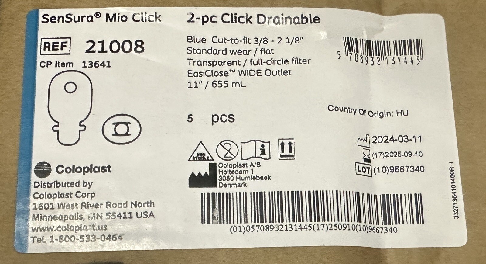 (Box Of 5) Coloplast 21008 SenSura® Mio Click 2 Piece Drainable