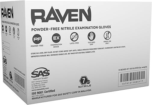 SAS Raven Black Nitrile Gloves Powder Free 7mil (10/Boxes of 100) (Medium)