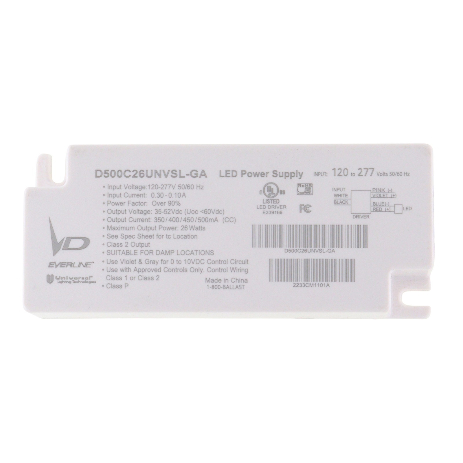 UNIVERSAL D500C26UNVSL-GA SELECTABLE MA LED DRIVER, 35-52V, 350/400/450MA, 26W