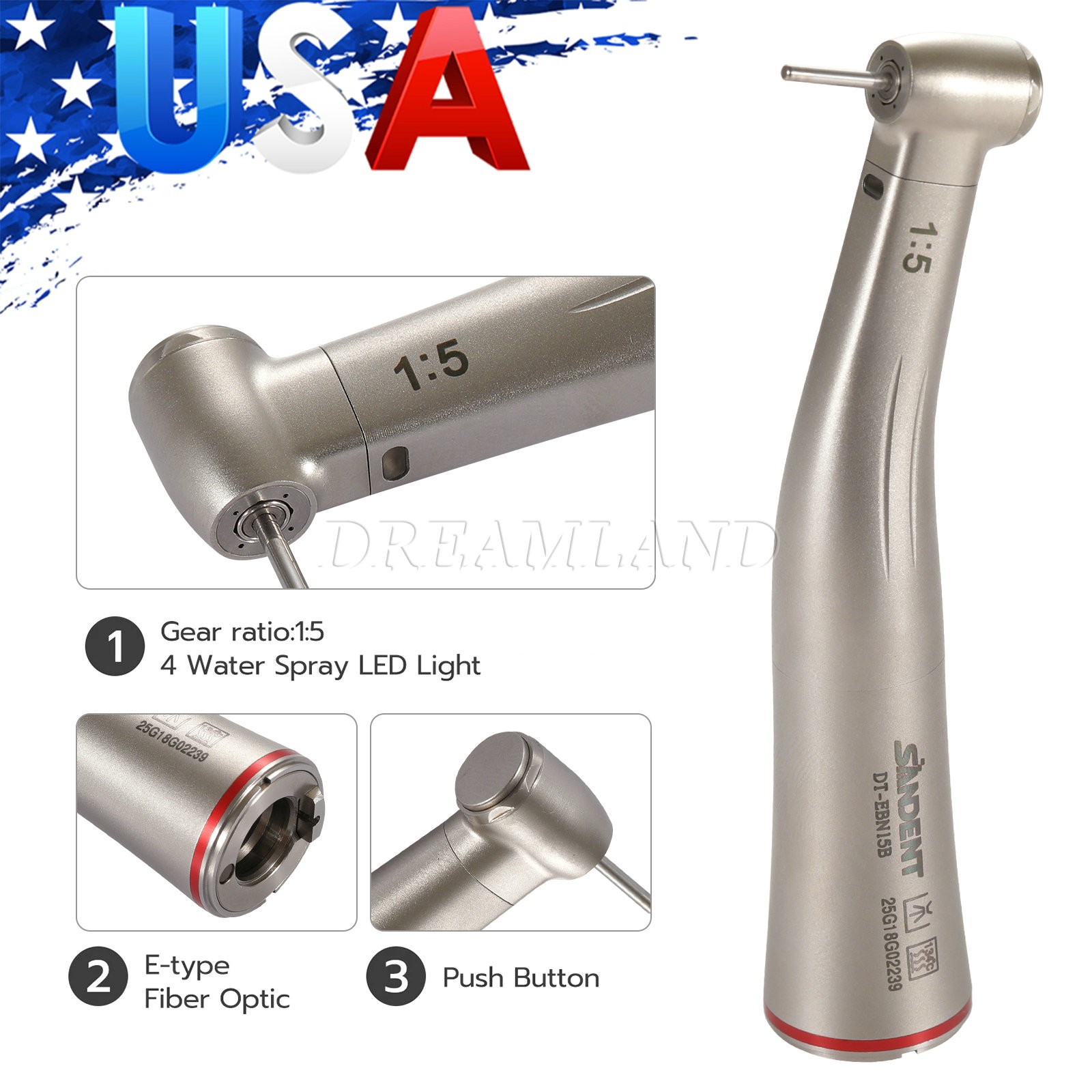 Dental 1:5 Increasing Contra Angle FG1.6mm LED Fiber Optic Handpiece SANDENT USA