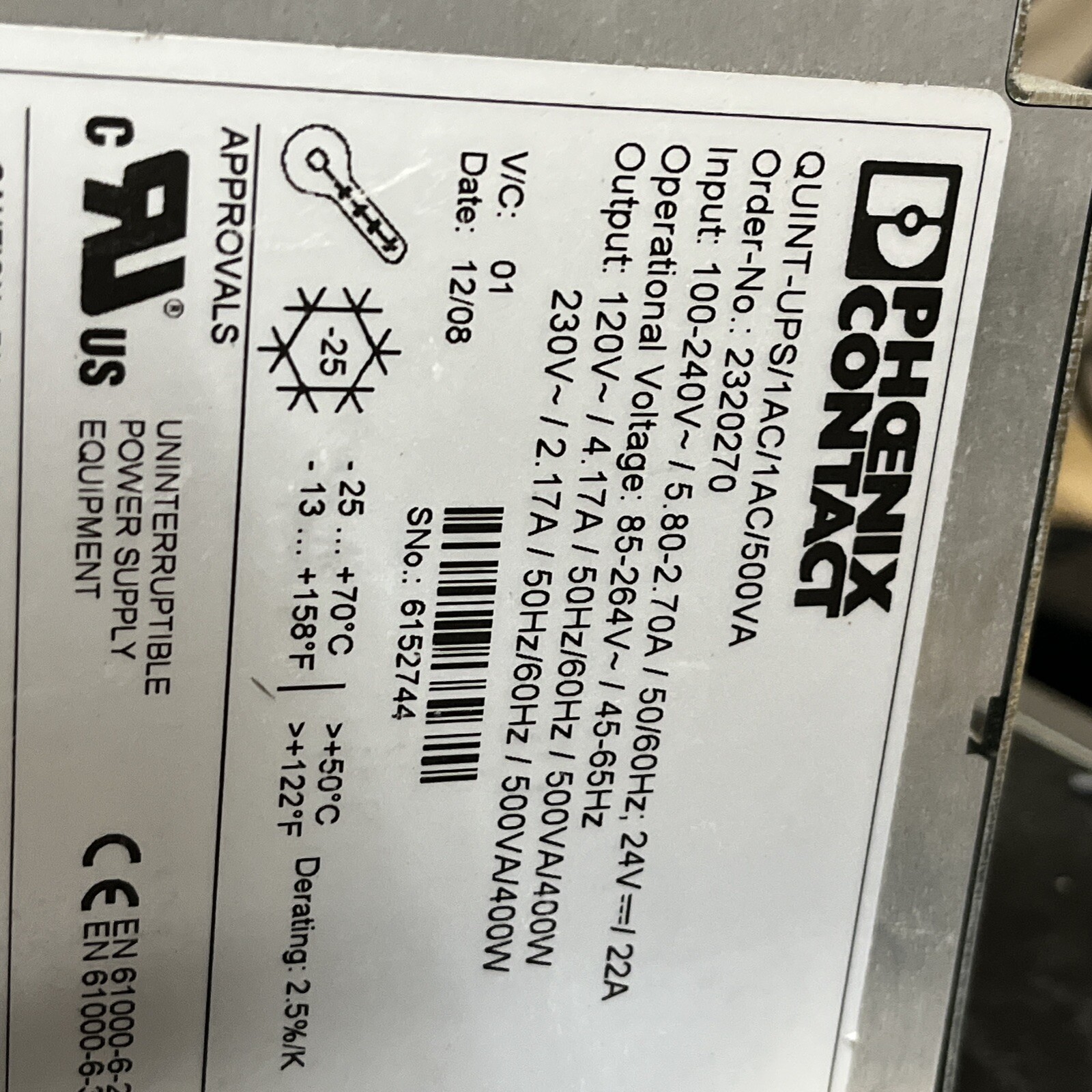 PHOENIX CONTACT QUINT-UPS/1AC/1AC/500VA QUINT AC-UPS #2320270