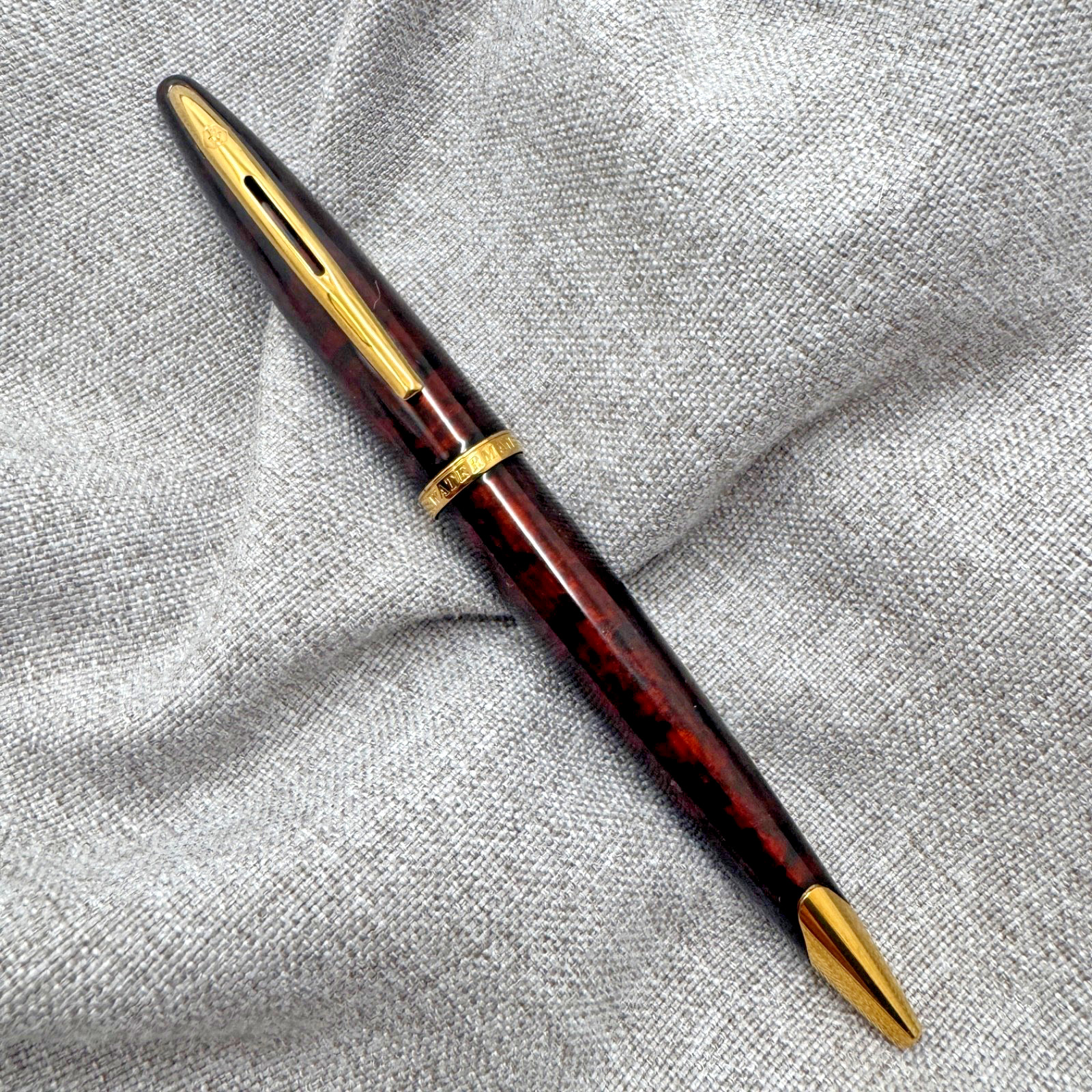 WATERMAN Carène Marine Amber Ballpoint Pen Gold Trim Blue Ink France *READ*