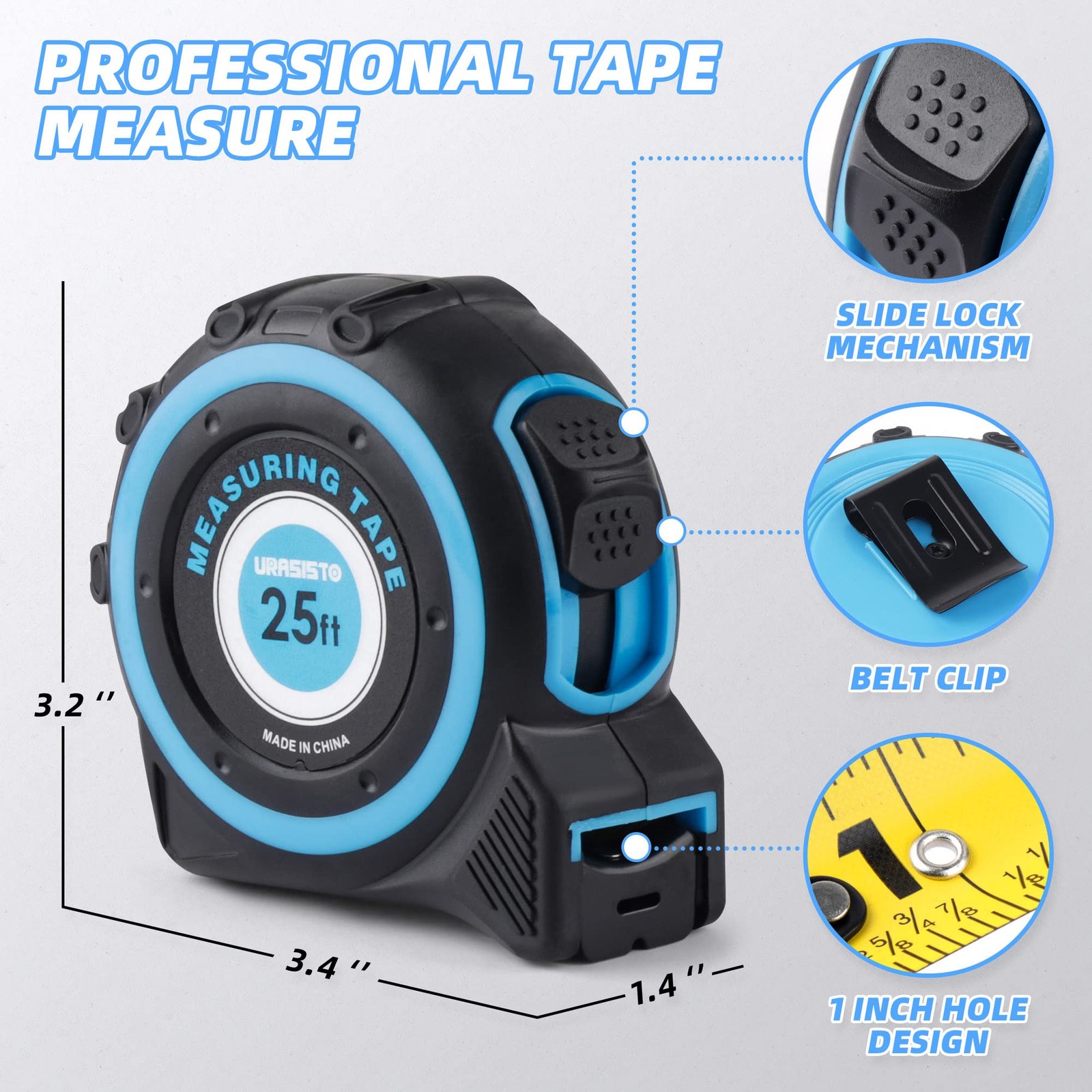 URASISTO Tape Measure 25FT with Fractions 1/8, Retractable 7.6 m, Black