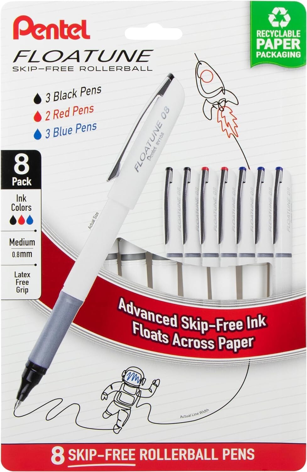 Pentel Floatune Skip Free Rollerball, 0.8mm Medium point, Black Red and Blue Ink