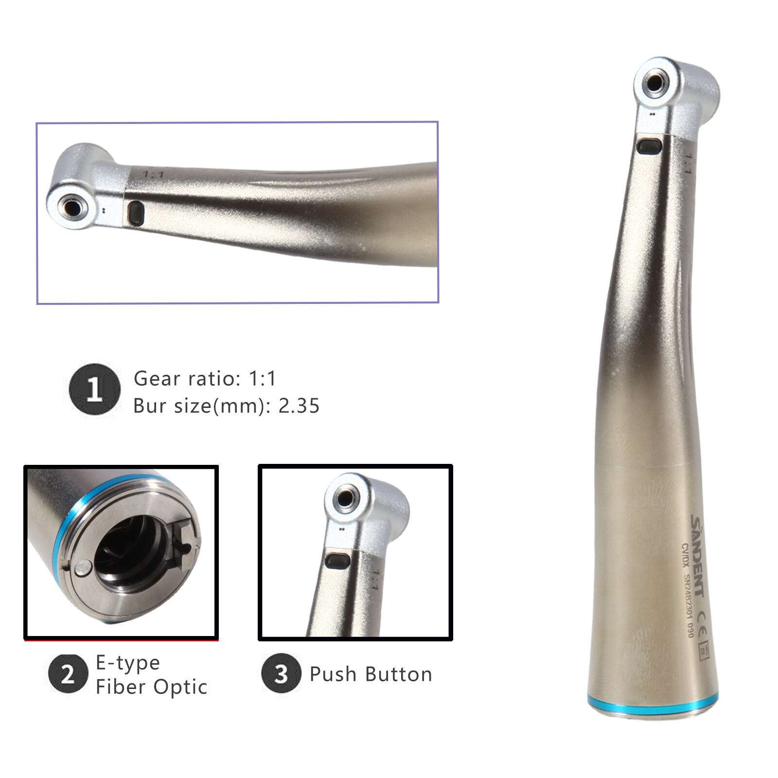 Dental 1:1 LED Fiber Optic Handpiece Internal Spray Contra Angle SANDENT