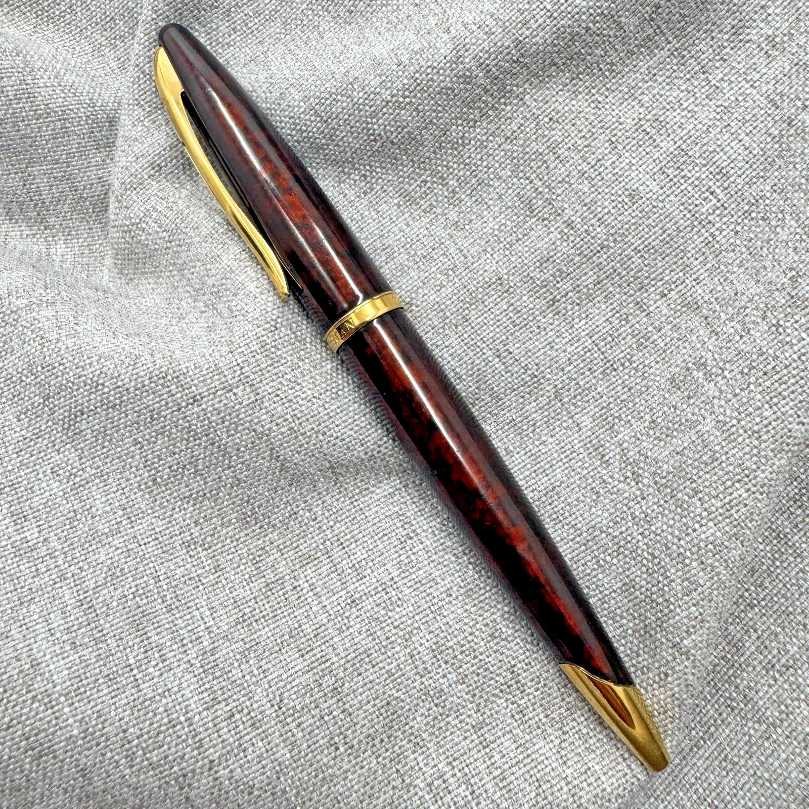 WATERMAN Carène Marine Amber Ballpoint Pen Gold Trim Blue Ink France *READ*