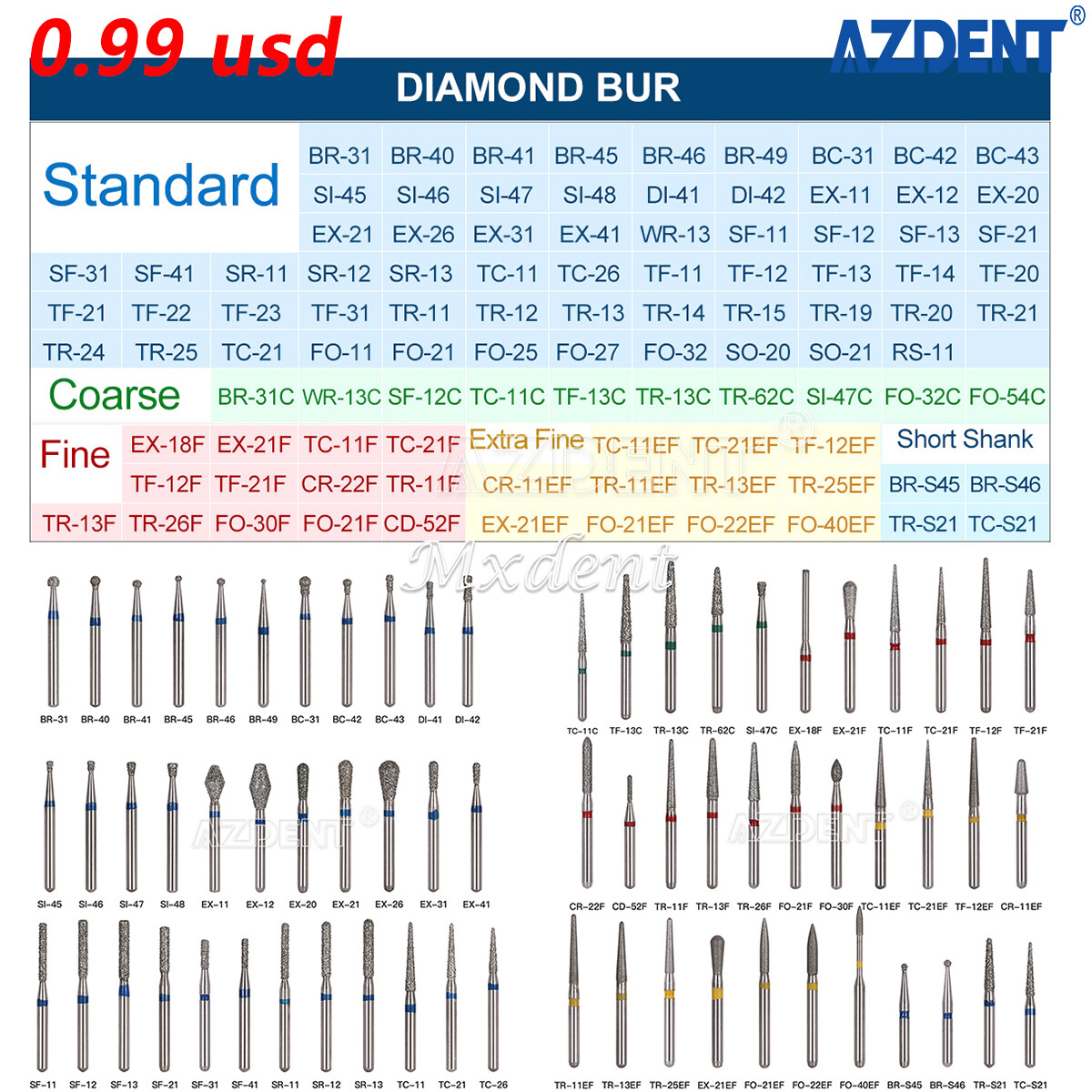 100 Type AZDENT Dental FG Diamond Burs Drills For High Speed Handpiece