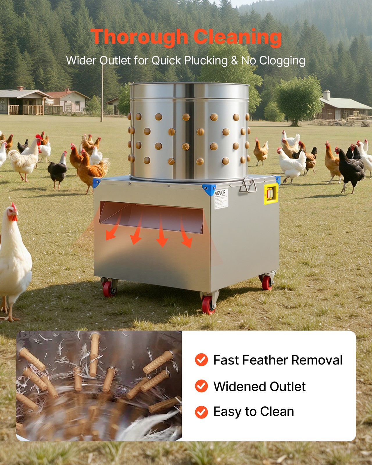 VEVOR 19.7″ Electric Chicken Plucker Machine 1500W & 275RPM 106 Fingers & Wheels