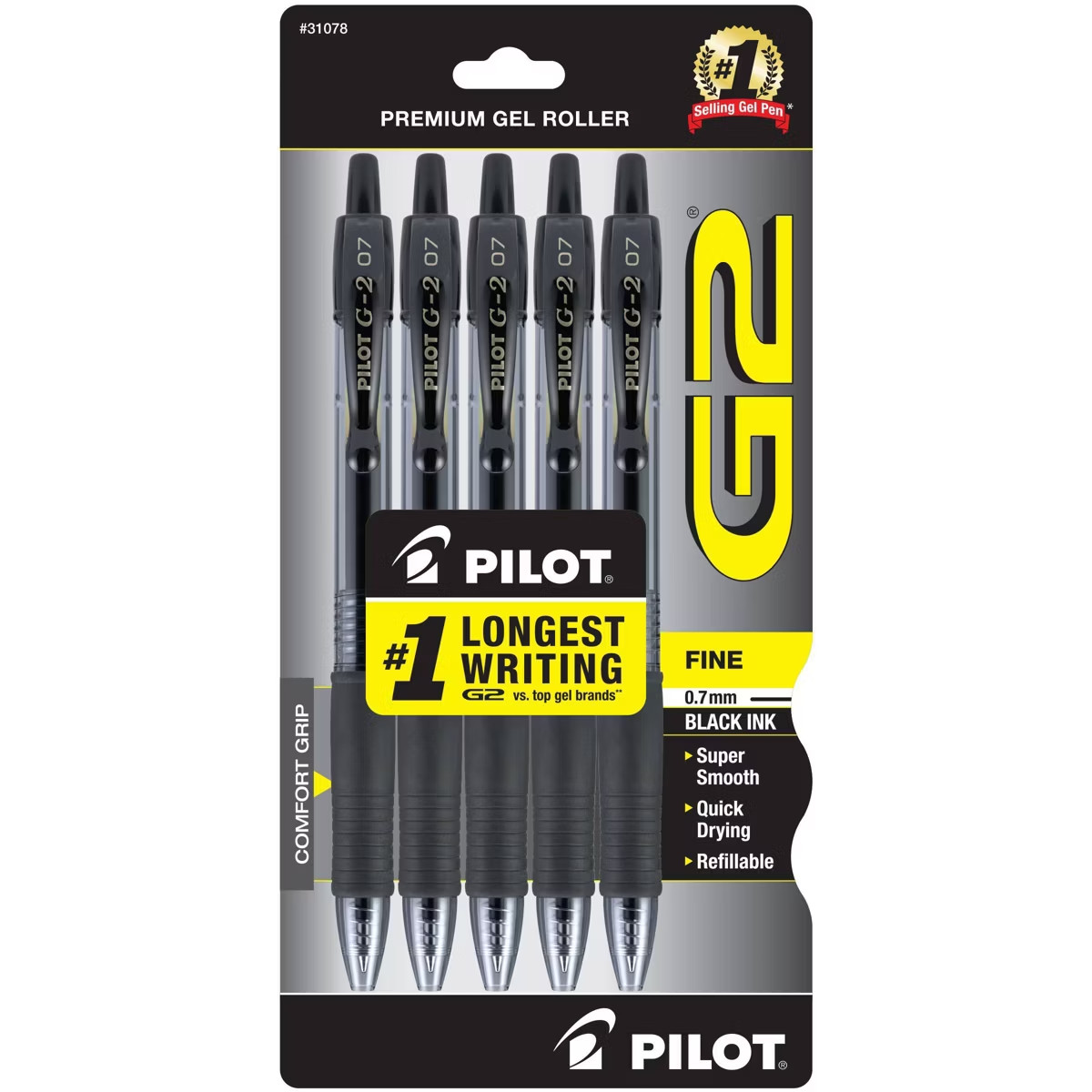Pilot G2 0.7mm Roller Ball Gel Pens Black Ink 5-Pack (31078)
