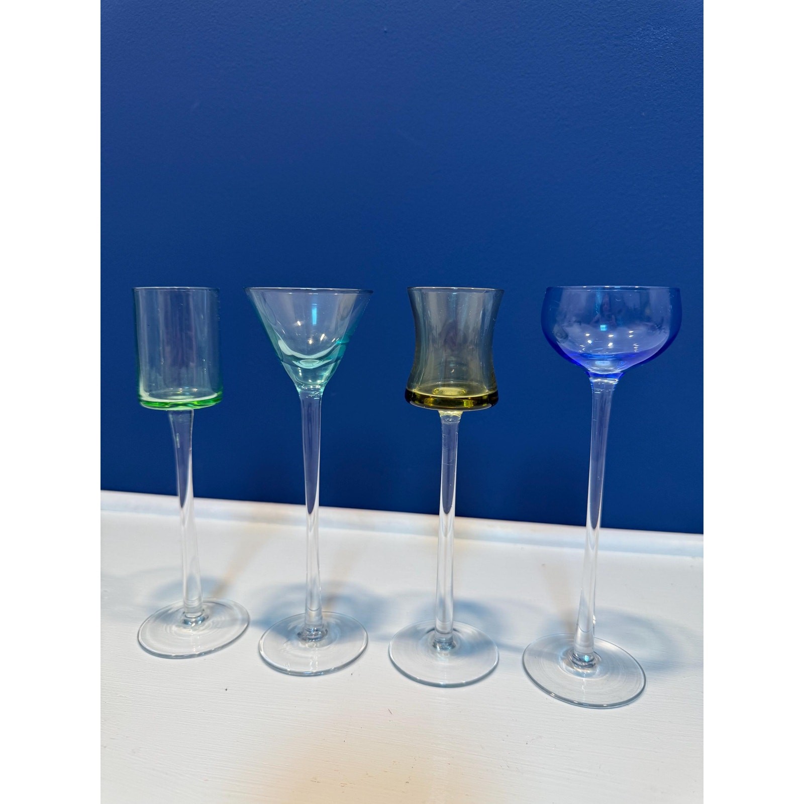 Vintage Multicolor Longstem Cordial Glasses 1990s Pastel Glass Blue Green Yellow