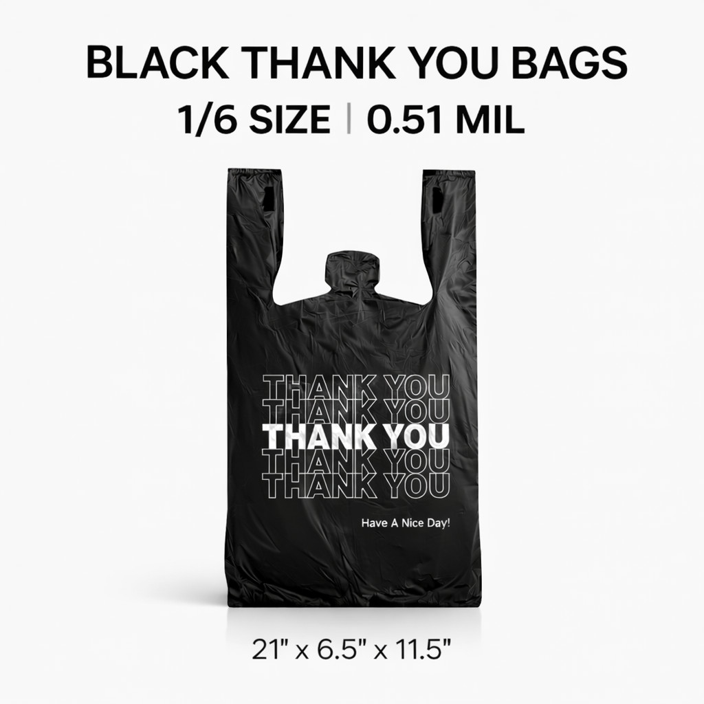 Black 1/6 Thank You T-Shirt Plastic Bags 21×6.5×11.5 0.51 Mil