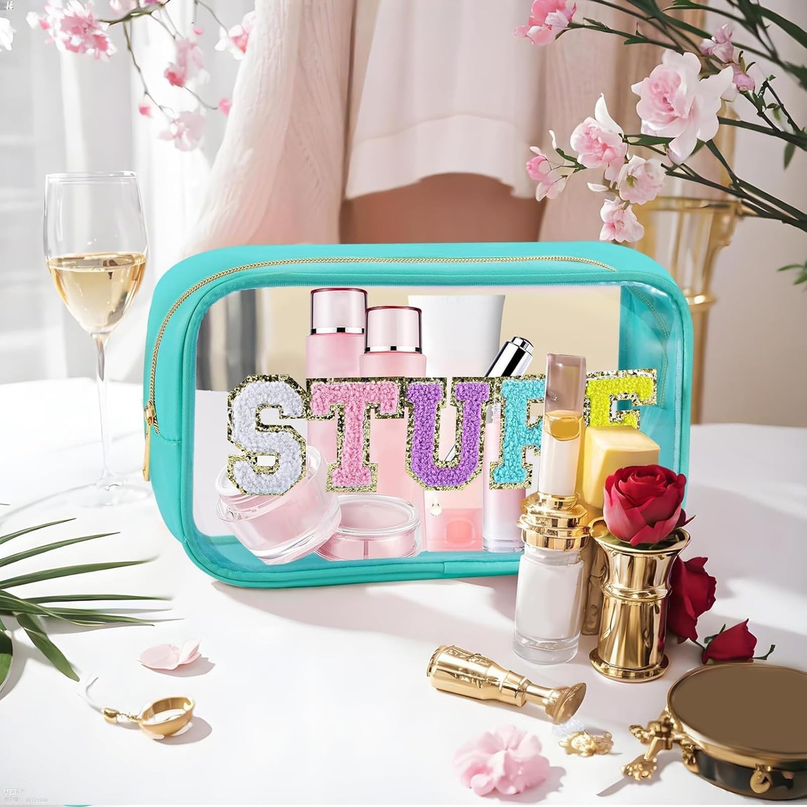 Chenille Letter Clear Makeup Bag Nylon Preppy Patch Stuff Cosmetic Bag with Z…