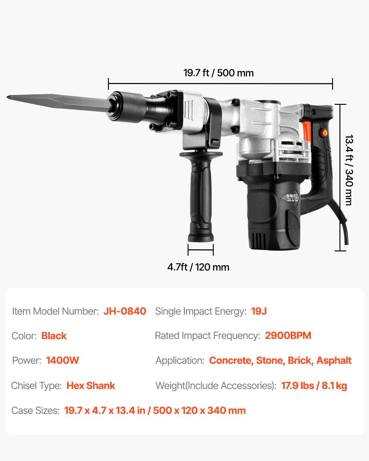 1400W Electric Jackhammer Heavy Duty, 2Pcs Chisels Bits Chipping with Case, 2900
