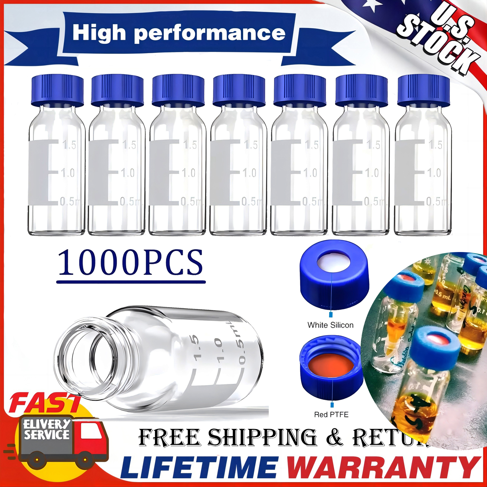 2ml 1000Pcs Autosampler Vials Lab+Caps Clear Glass Bottle 9-425 Screw Thread Top