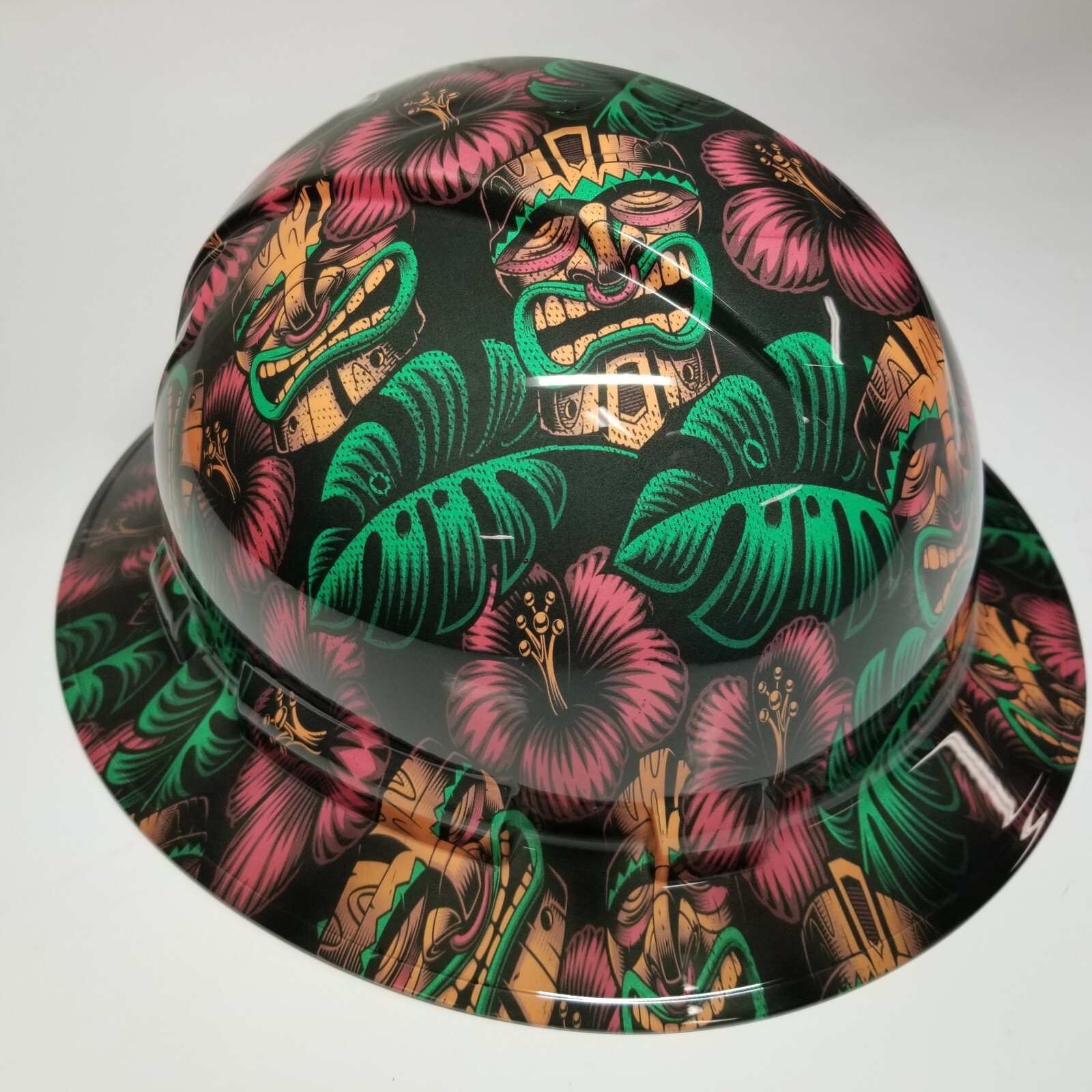 full brim hard hat custom hydro dipped IN TIKI MASKS ,POLYNESIAN HAWAIIAN ALOHA