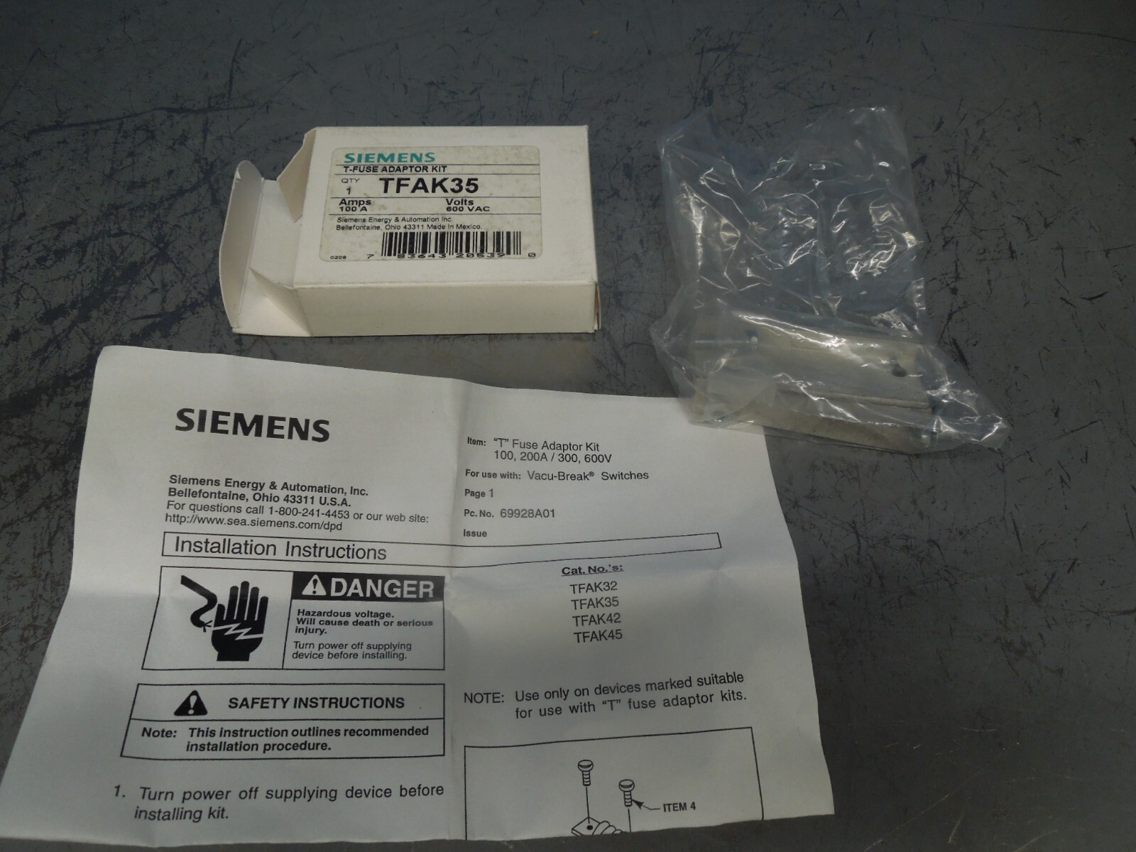 Siemens TFAK35 Class T Fuse Adaptor Kit for 100A 600V for VacuBreak Switches