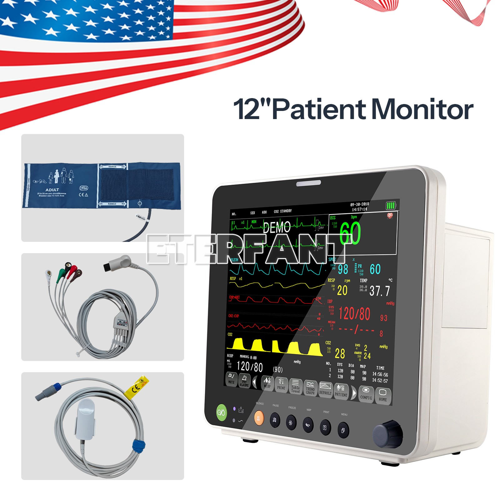 ETERFANT Patient Monitor Multi-Parameter Vital Signs ECG/NIBP/TEMP/RESP/SPO2/PR