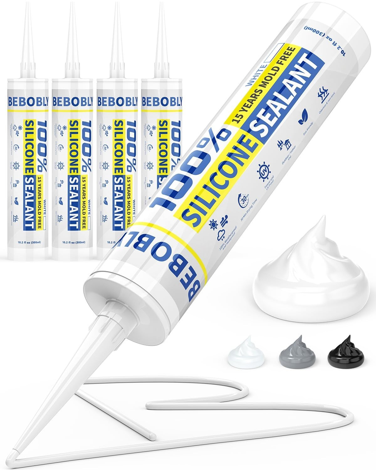 100% Waterproof White Silicone Caulk & Sealant, 4 Pack, 10.2 FL OZ – Interior/Ex