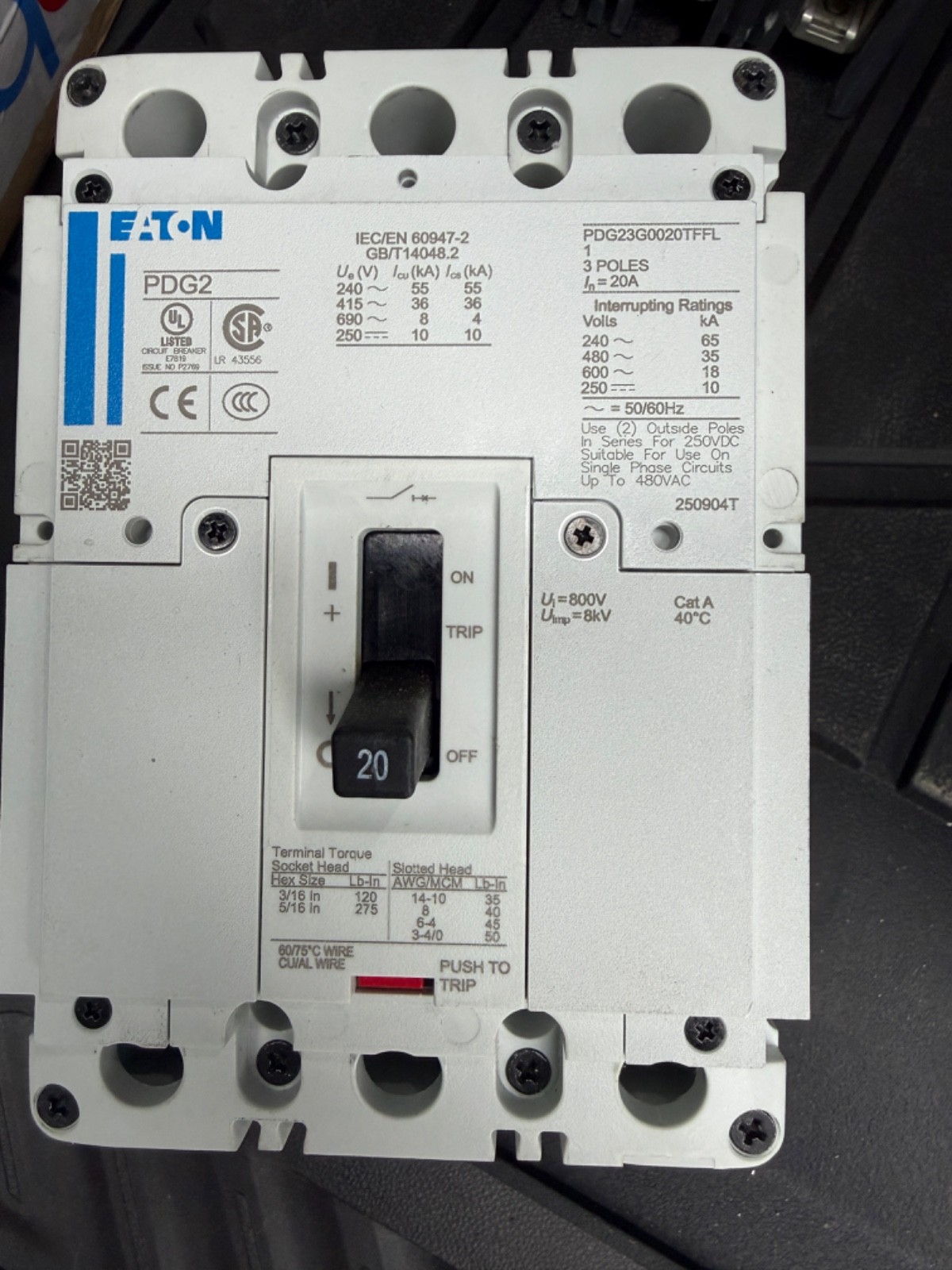 Eaton PDG2 PDG23 PDG23M0020TFFL Circuit Breaker 20A 3-Pole 551-600V